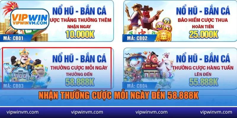 Nhận thưởng cược mỗi ngày đến 58.888K